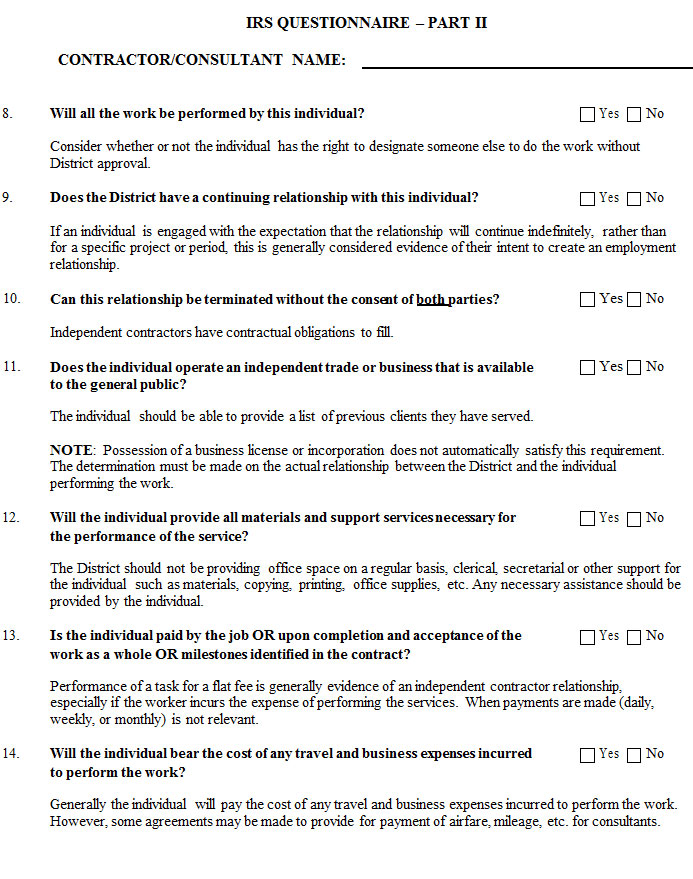 IRS Questionnaire Part II